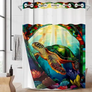 1PC Double Layer Shower Curtain, No Hooks, Stained Glass Sea Turtle Print Waterproof Fabric, Retro Ocean Bathroom Decor, Artistic Whimsical Aesthetic, Hotel Bathroom Accessory, Detachable Buckle Shower Curtain and Liner, Bathroom Room Divider