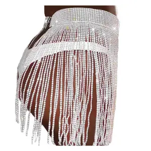 Zeelina Easter Rhinestone Fringe Belt Skirt Black Sparkly Wrap Skirts Crystal Belly Dance Tassel Hip Scarf Rave Outfit for Women