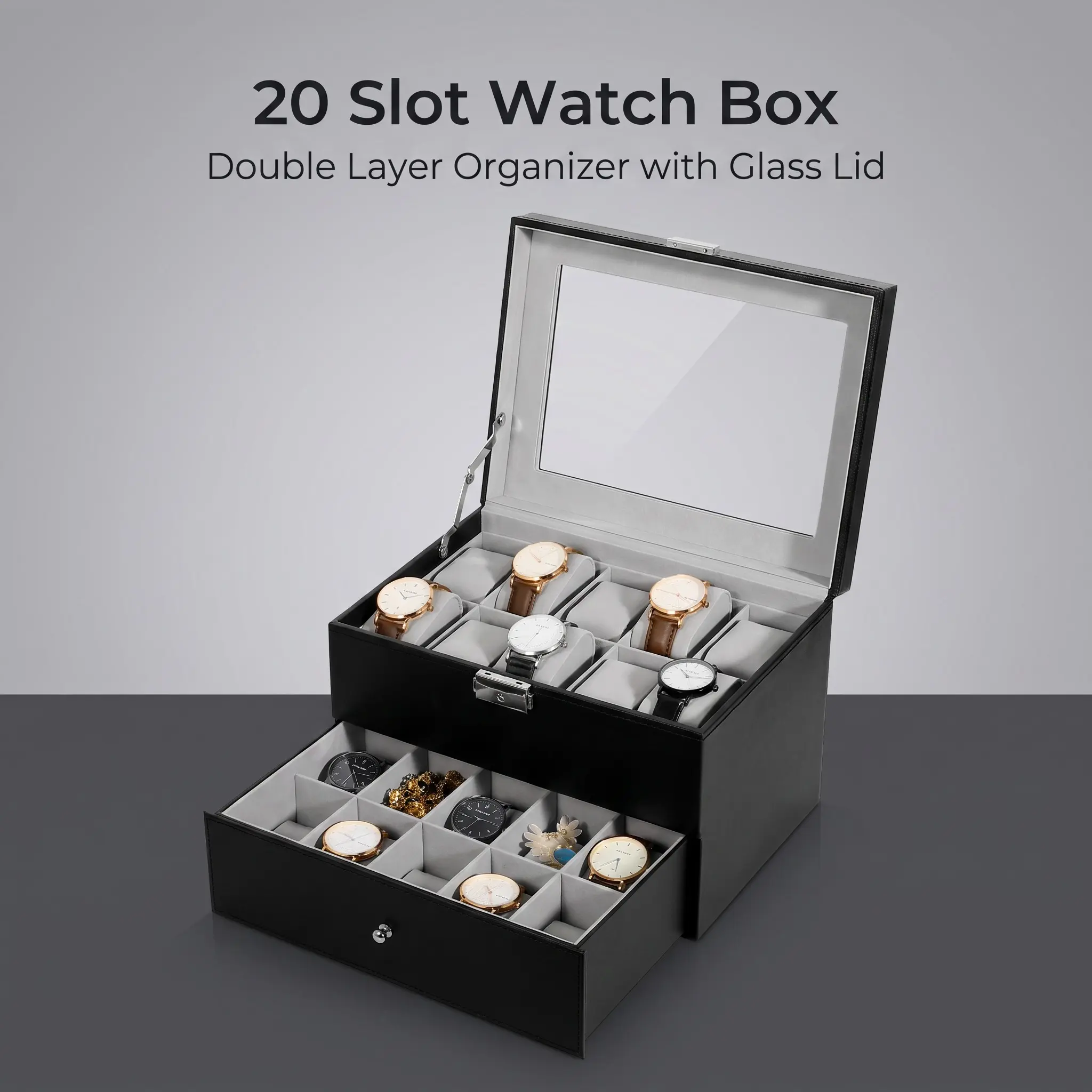 20 Slot Watch Organizer Box, Double Layer Watch Case with Glass Display Lid and Pull-Out Drawer, PU Leather Jewelry Storage Box with Soft Velvet Pillows for Men and Women