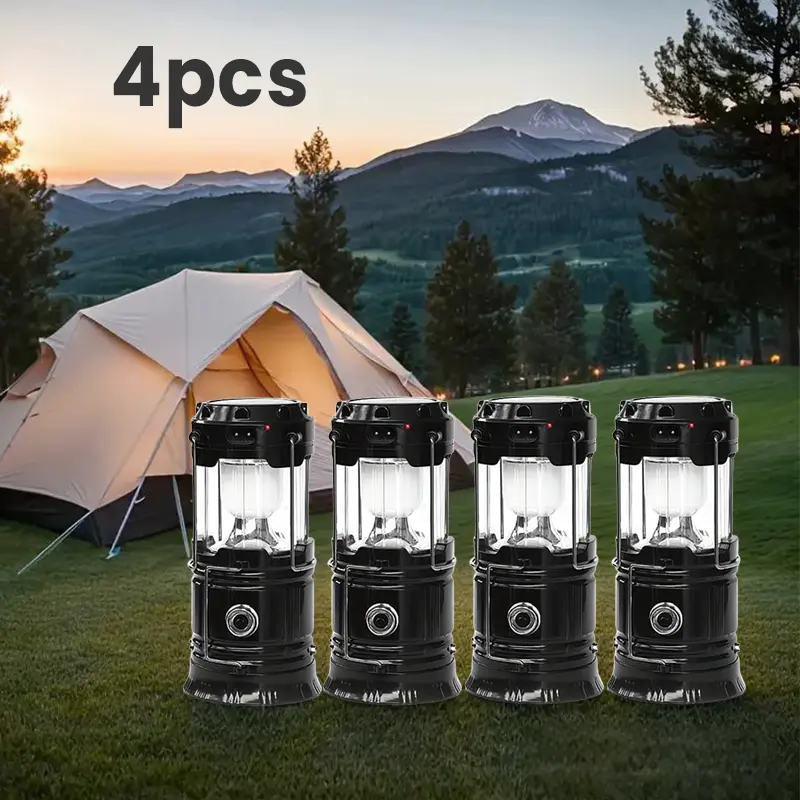 Solar LED Camping Lantern,4 Pack Solar & USB Dual Rechargeable Tactical Flashlight, IPX4 Waterproof Collapsible Emergency Light with Foldable Hanging Hook, Camping, Power Outages & Blackouts, Practical Summer Outdoor Gift Set