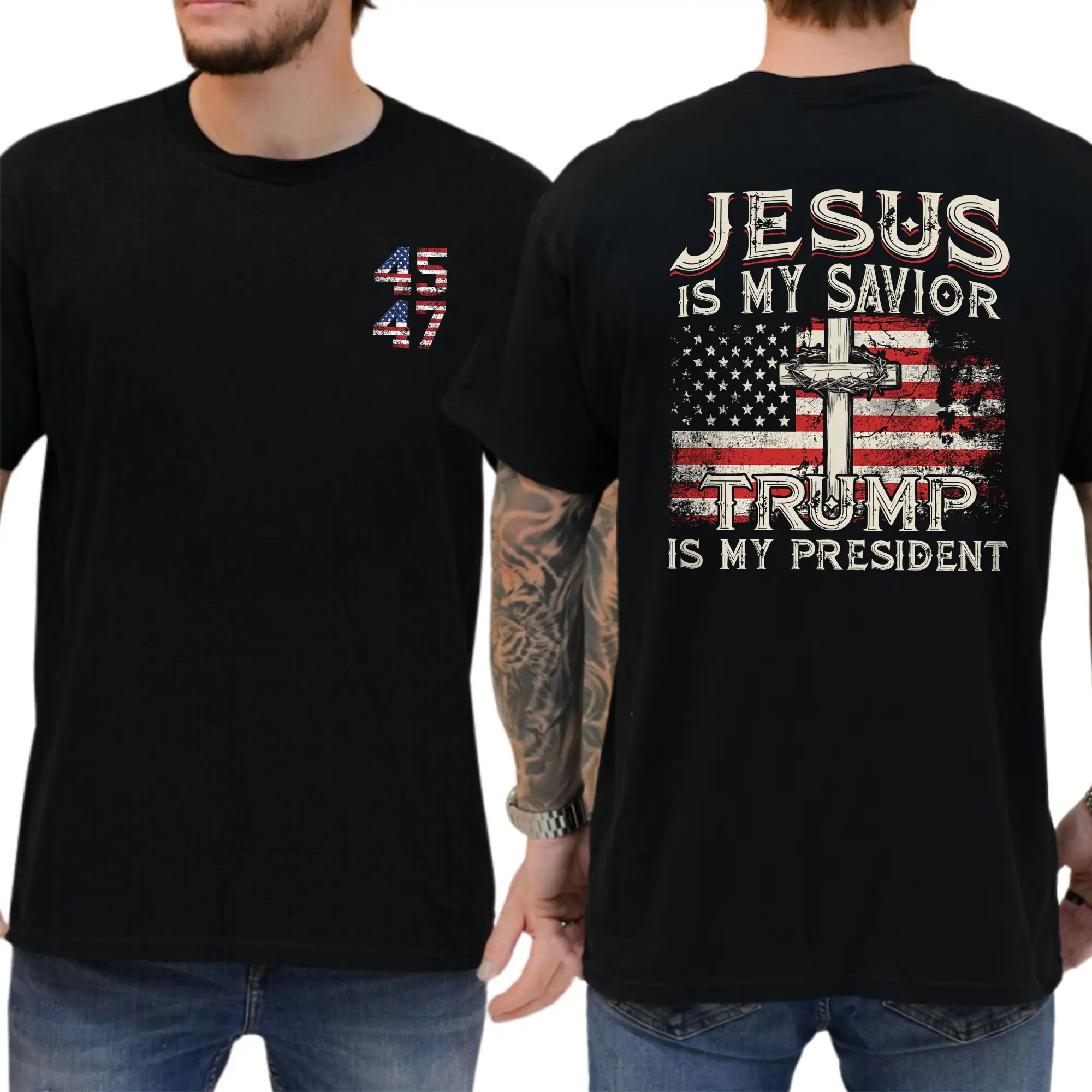 Jesus Is My Savior Trump Is My President 2-Side T-shirt, Trump 45 47 Shirt, Casual Menswear, Trump Persident 2024, Classic Men's Tops Shortsleeve