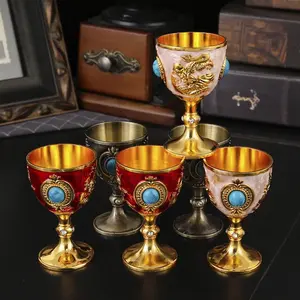 Vintage Dragon Design Wine Goblet, 6 Counts/set Exquisite Retro Metal Wine Cup, Drinking Cup for Home Kitchen Party Wedding Stylish Drinkware