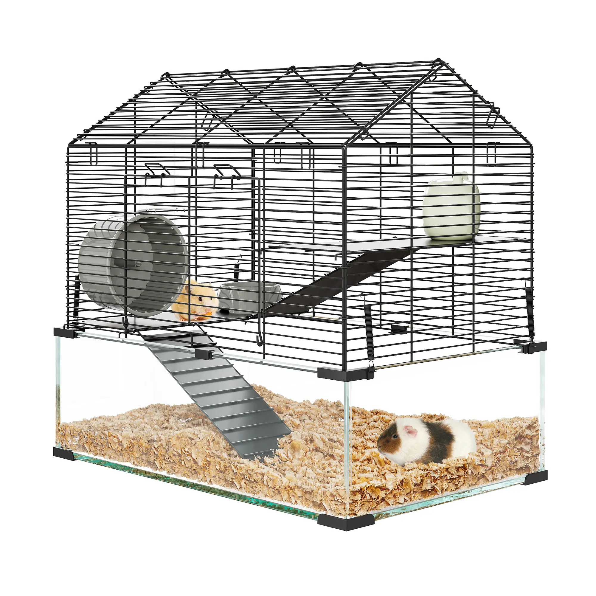 3-Tier Glass Hamster Cage with 7" Deep Base, 360 Panoramic View Small Animal Terrarium Habitat for Syrian Dwarf Hamsters Gerbils Mice, Chew-Proof Metal Frame Pet Mansion with Silent Wheel & Accessories, Modern Wood Acrylic Look, Black