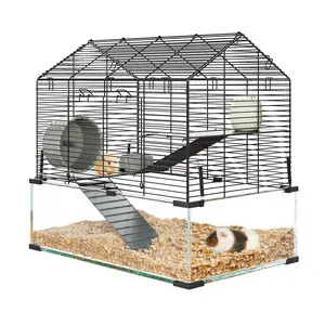 3-Tier Glass Hamster Cage with 7" Deep Base, 360 Panoramic View Small Animal Terrarium Habitat for Syrian Dwarf Hamsters Gerbils Mice, Chew-Proof Metal Frame Pet Mansion with Silent Wheel & Accessories, Modern Wood Acrylic Look, Black