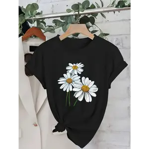 [100% Cotton] Women'S Casual Black Daisy Print T-Shirt - Short Sleeve, Round Neck, Spring/Summer Fashion Top With White Daisies And Green Leaves Design, Ladies T Shirts Golf Gift T-Shirt For Men And Women