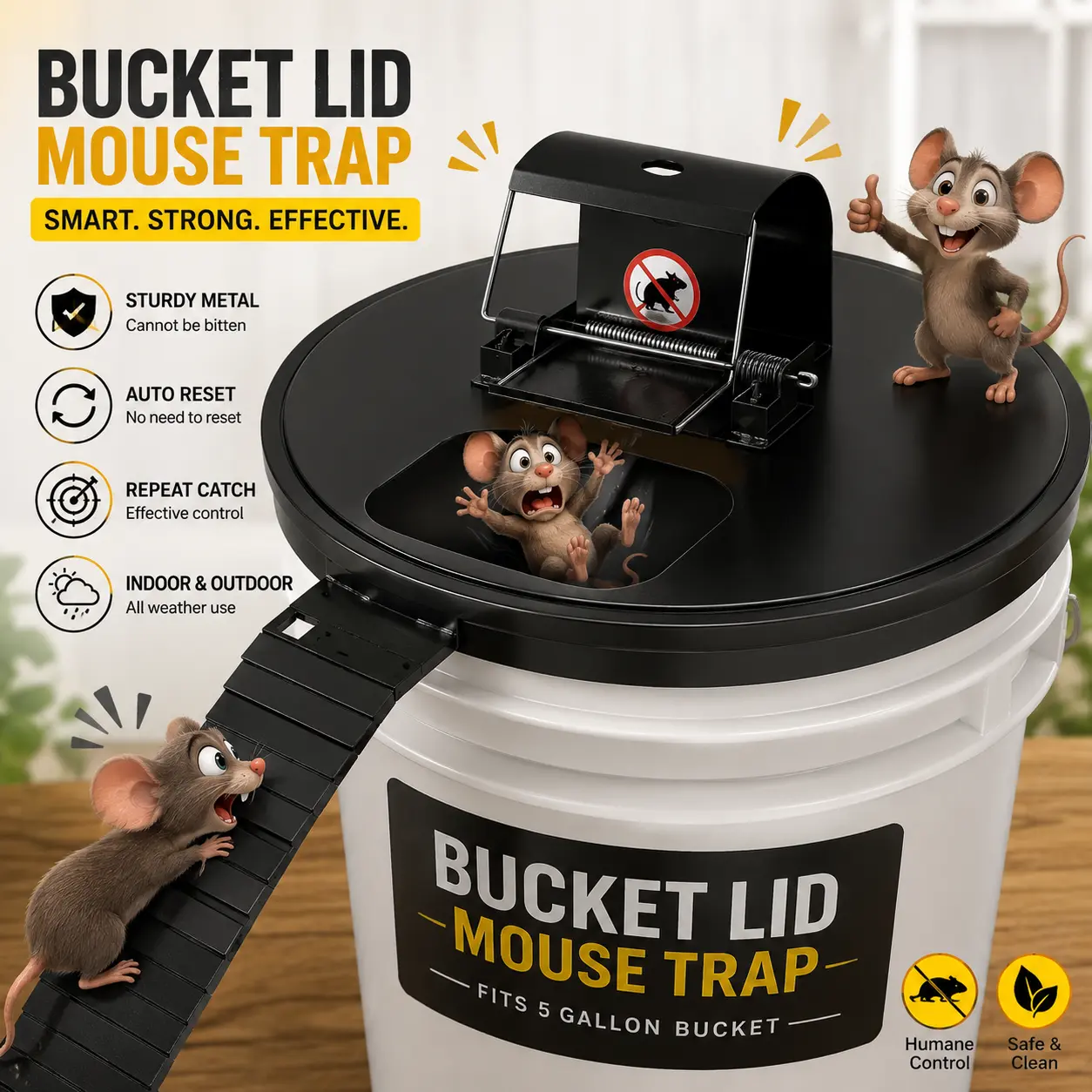 5 Gal Metal Bucket Lid Mouse Trap, Bite-Resistant Strong Metal Material, Auto-Reset, Repeat Catch, Indoor-Outdoor Use, 1 Pack (Black)