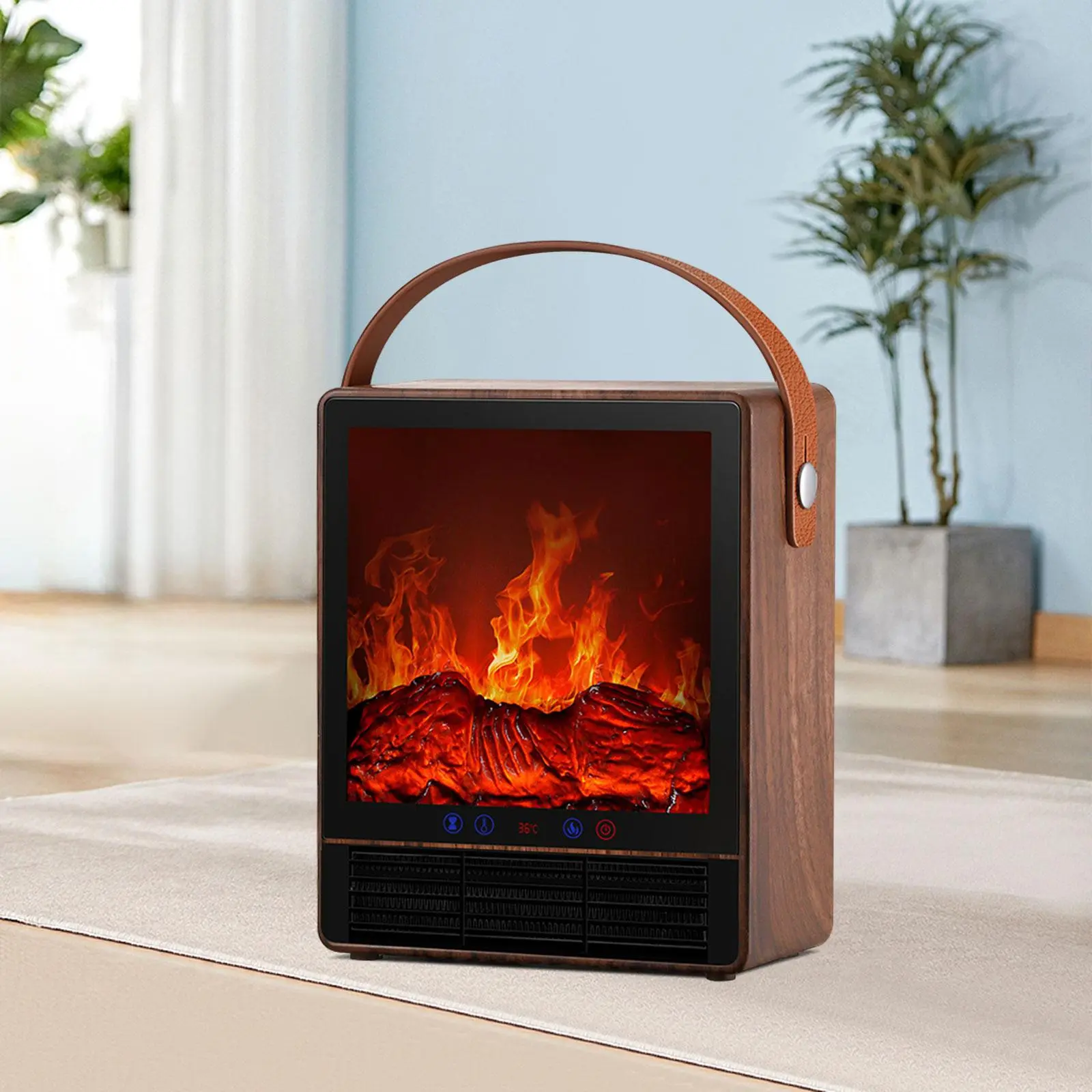 Motorhome Portable Lightweight Electric Fireplace Space Heater - 3D Flame Effect, Wood Grain Design, Remote Control for Home & Office