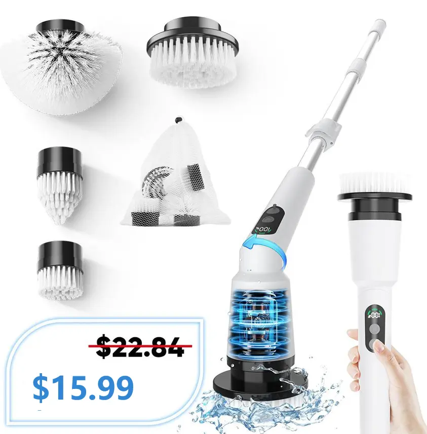 Electric Spin Scrubber, IPX7 Waterproof Cordless Cleaning Brush with 4 Replaceable Brush Heads, Adjustable Extension Handle and 3 Adjustable Speeds for Bathroom, Tub, Tile, Floor (White)