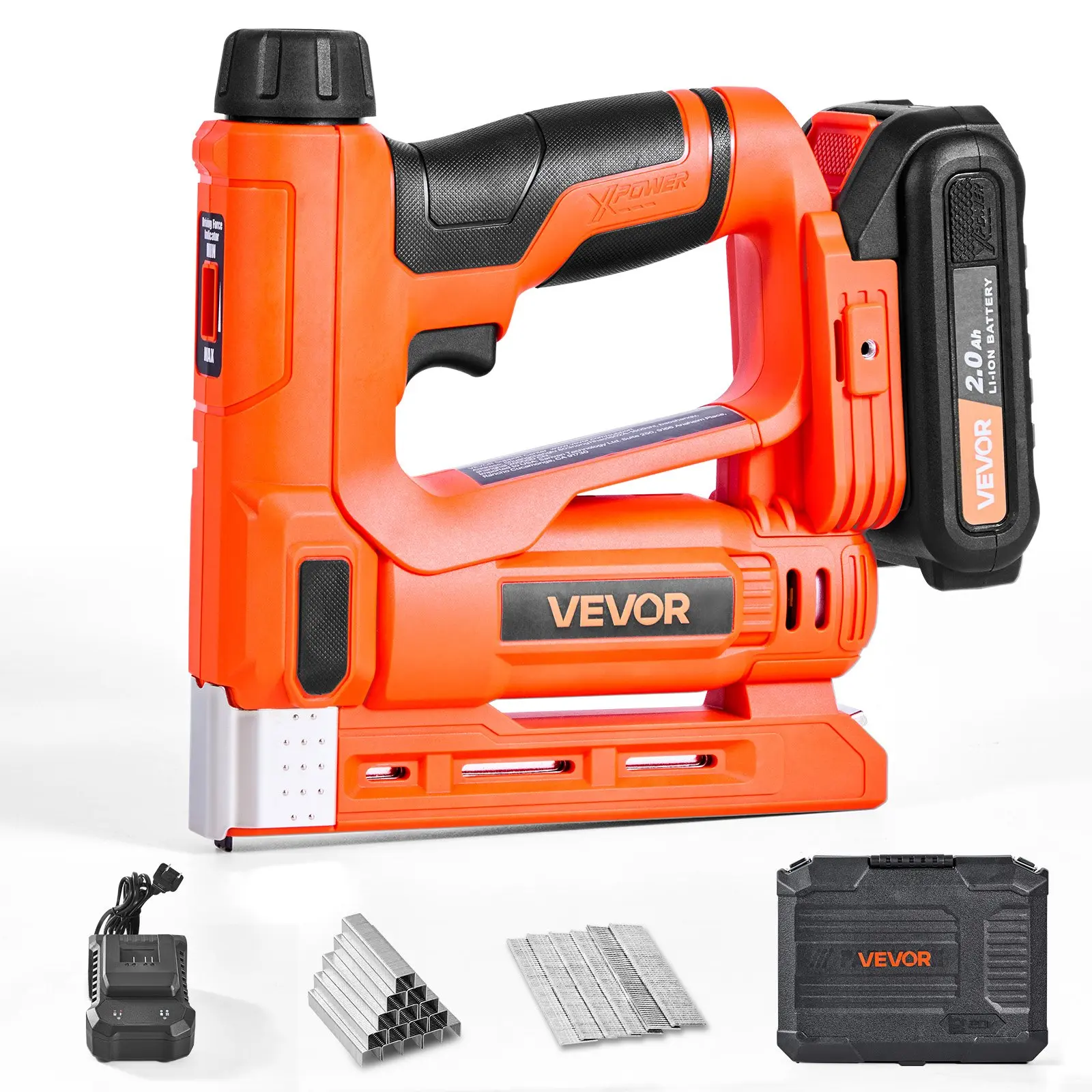 VEVOR J-145 Model 2-in-1 Cordless Brad Nailer Staple Gun, 18 Gauge 5/8 in Double Function Tool, Includes 1000 Pcs Staples, 1000 Pcs Nails, 20V 2.0Ah Batt., Charger, Non-Slip Rubber Grip, for Woodworking DIY, Wood Framing, 5.43 Lbs
