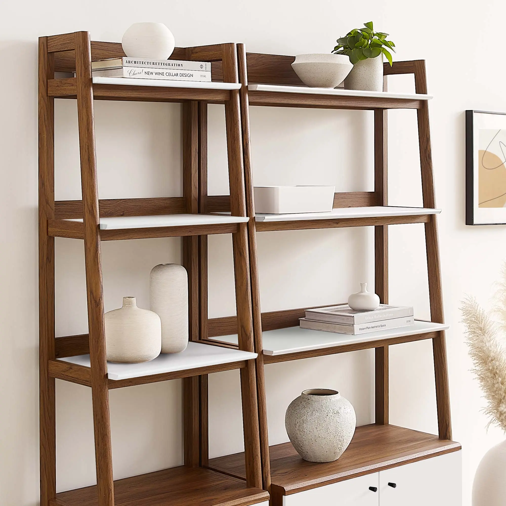 Modway Bixby Wooden Book Shelves Set of 2 - Walnut White, Book Nook, Clean Aesthetic, Small Room Ideas, Space Saving Indoor Furniture Shelves & Racks