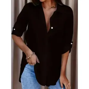 Plus Size Casual Solid Color Women's Fashionable Lapel Button Up Shirt