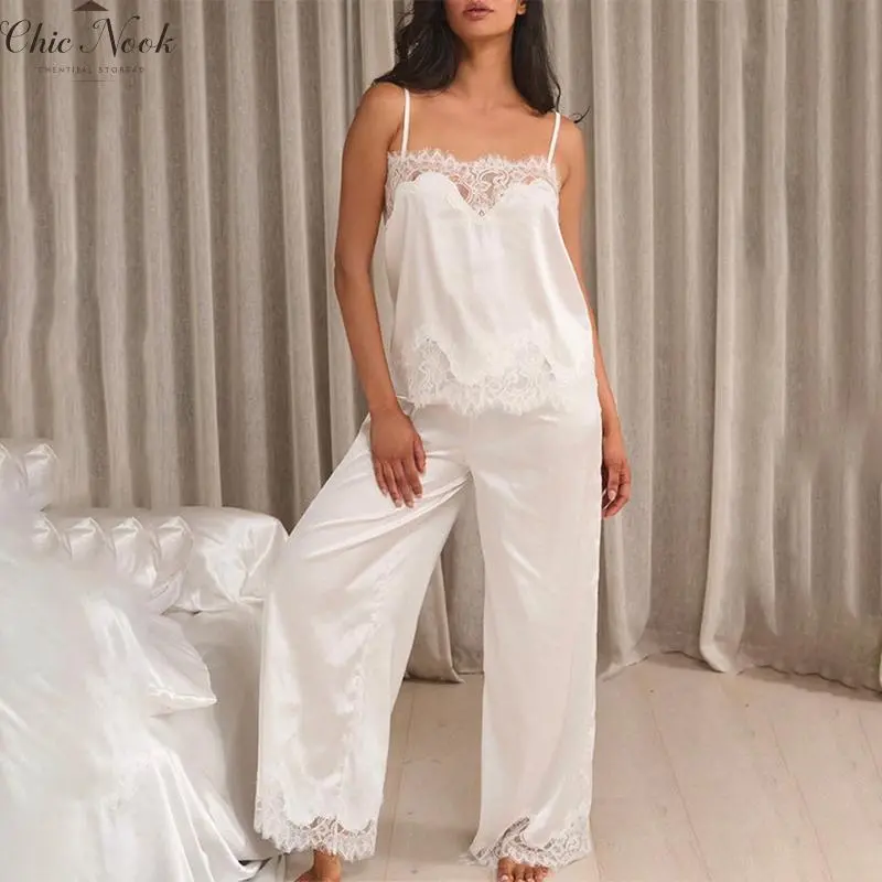 Women's 2 Piece Lounge Set Sleeveless Spaghetti Strap Lace Trim Tops Pants Sleepwear