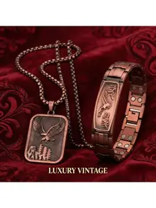 Men's Punk Eagle Bracelet with Turtle Back Pattern, Magnetic Stone Double Row Design, Eagle Pendant Necklace Jewelry Set