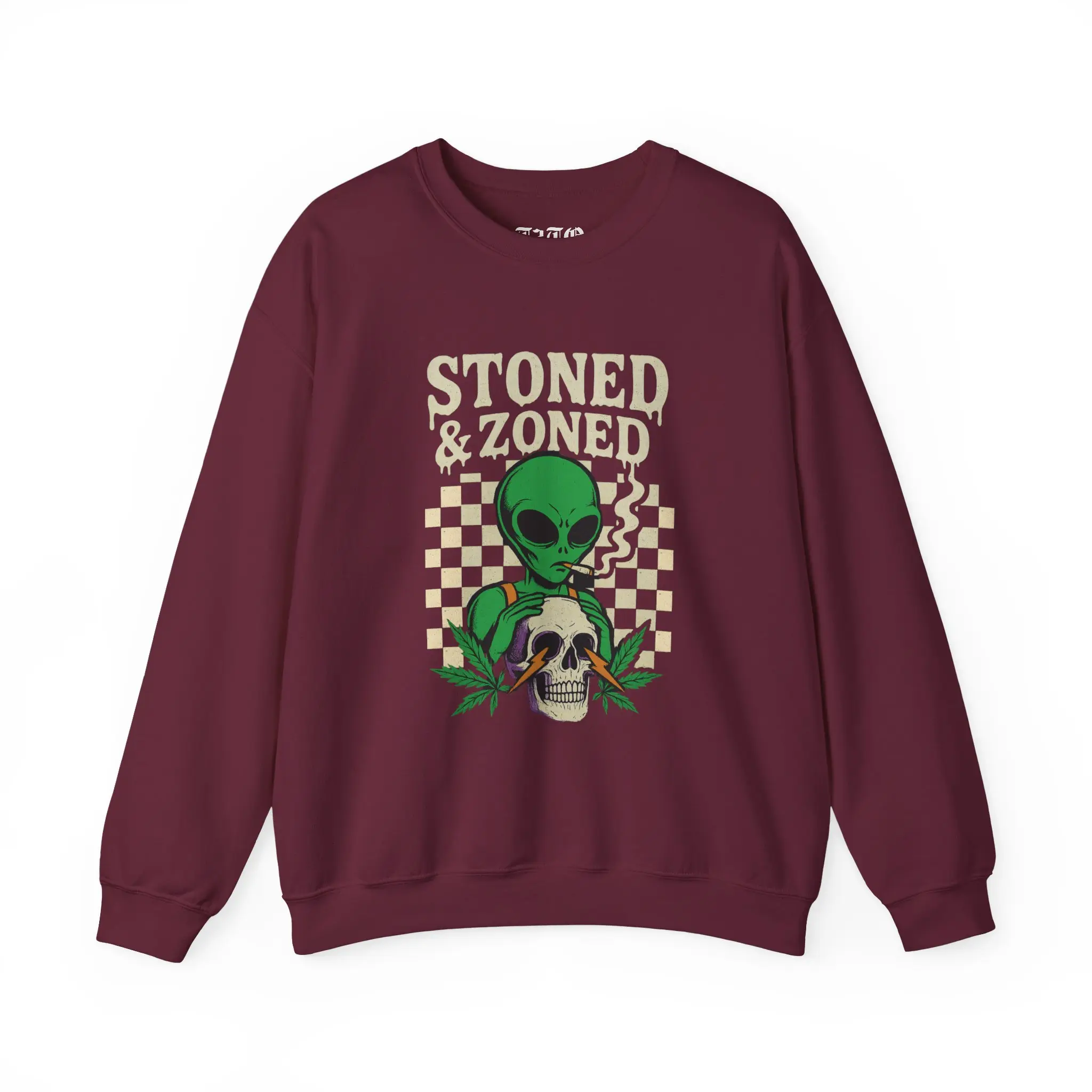 Alien Stoner Heavy Blend Sweatshirt, Space Stoned Alien Crewneck Jumper, Galaxy Weed Smoker Pullover, Alien Leaf Checkerboard, Universe 420