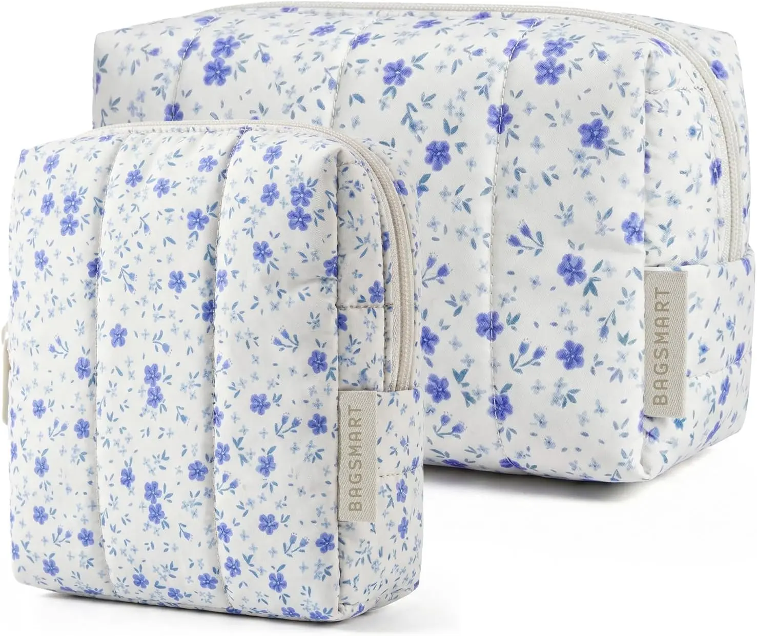 BAGSMART Puffy Makeup Bag Duo Large & Small for Women, Blue Ditsy Floral | Puffy Padded, Travel Cosmetic Organizer with Slip-in Pockets, Large Toiletry Bag & Small Purse Pouch, Travel Essentials