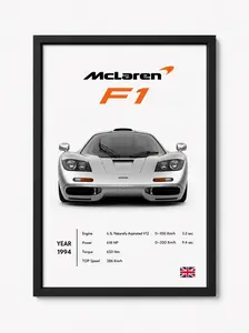 Mclaren F1 | Poster Decor Luxury Print Wall Art | Decor With Black Frame | Gift for Car Lovers