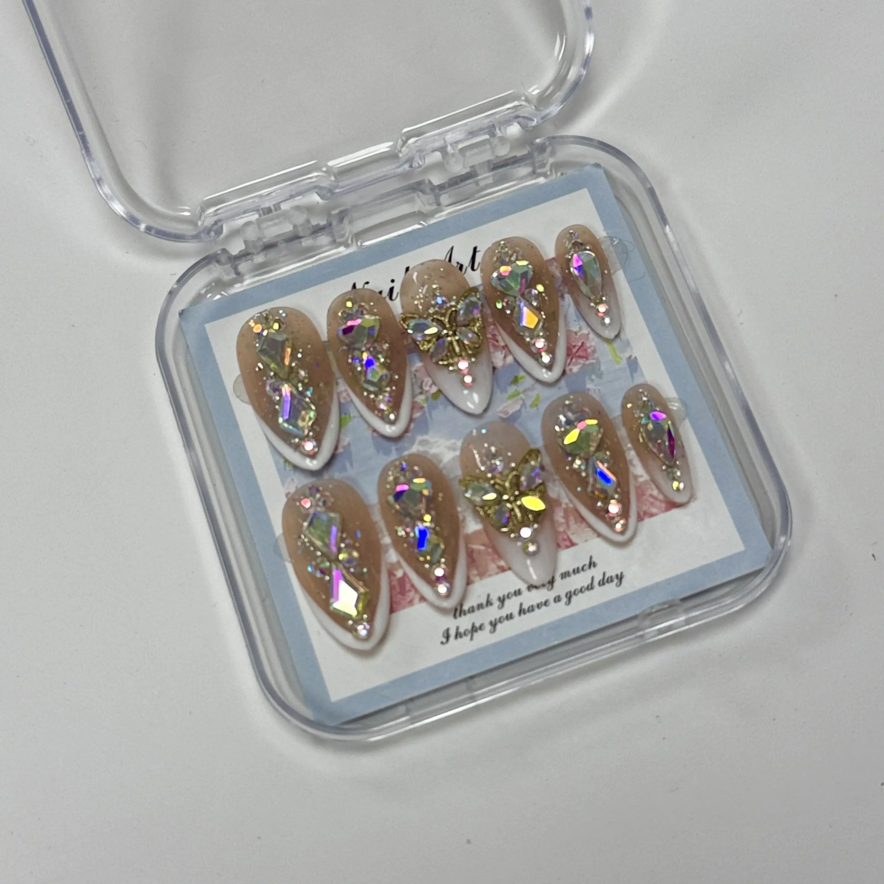 Luxury Rhinestone Butterfly Almond Press-On Nails | Nude Glam Fake Nails Kit | 10 Pcs with Full Tools & Jelly Glue | 5-Minute DIY Manicure