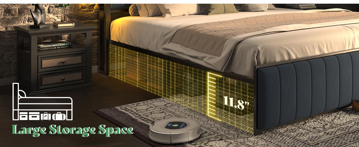 [Black Bed WITHOUT Foldable Ottoman] AMERLIFE TWO Different Bed Frames, Metal Bed with Foldable Ottoman, Velvet Upholstered Headboard/Metal Bed with PU Leather Headboard/ Both Including LED Lights, Charging Station,Storage Shelves