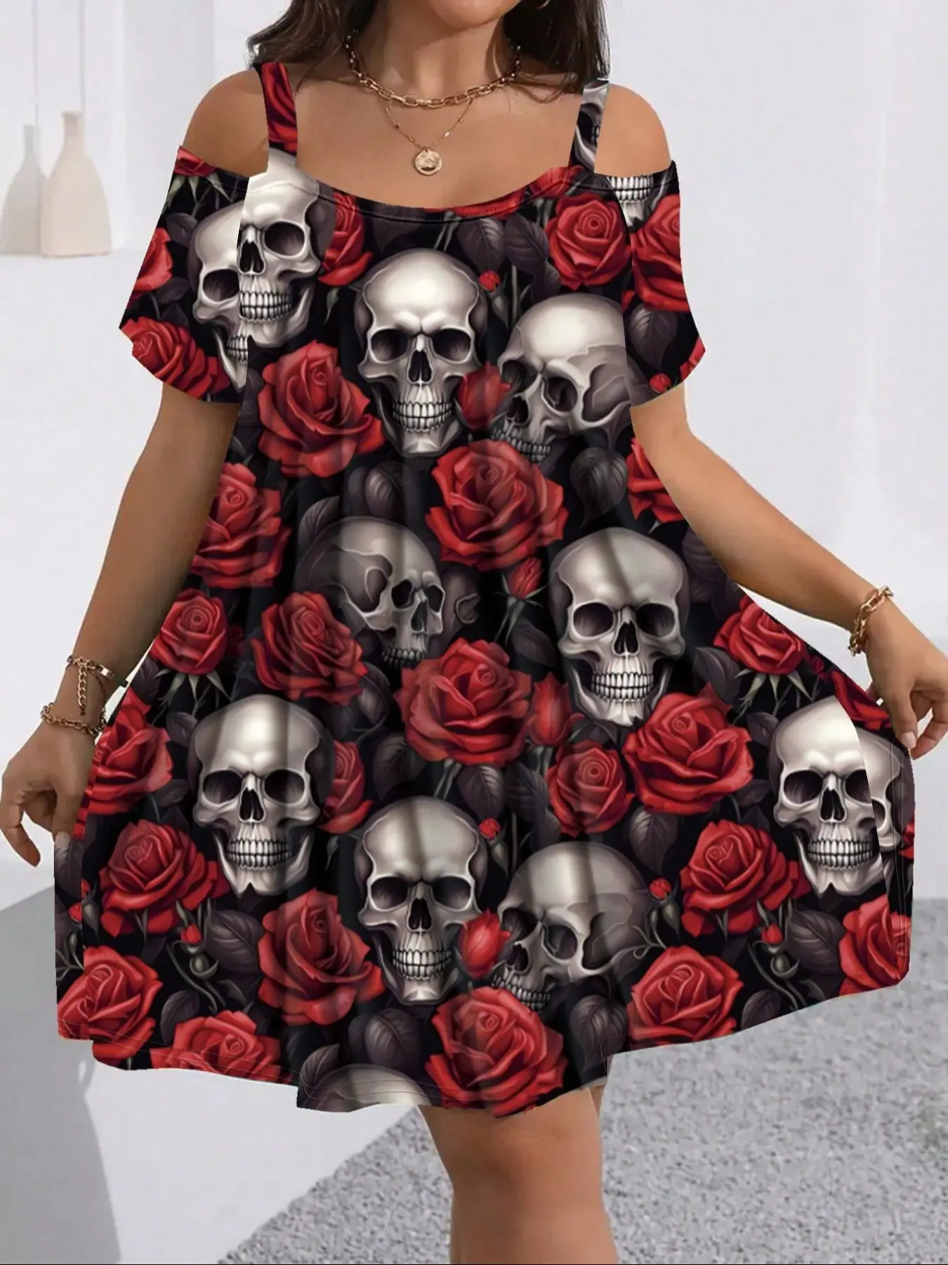 Summer Women's Short Sleeve Spaghetti Strap Hollow Out Contemporary Fashion Elegant Halloween Skull Print Dress, Comfortable Fit, Stylish and Trendy, Perfect for Casual Wear