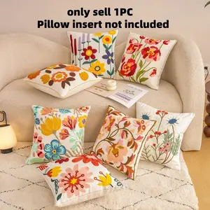 1PC Spring Hand Embroidered Flower Pillowcase, Farmhouse Dopamine Floral Embroidery, Towel Stitch Cushion Cover, Sofa Bedside Decorative Pillow