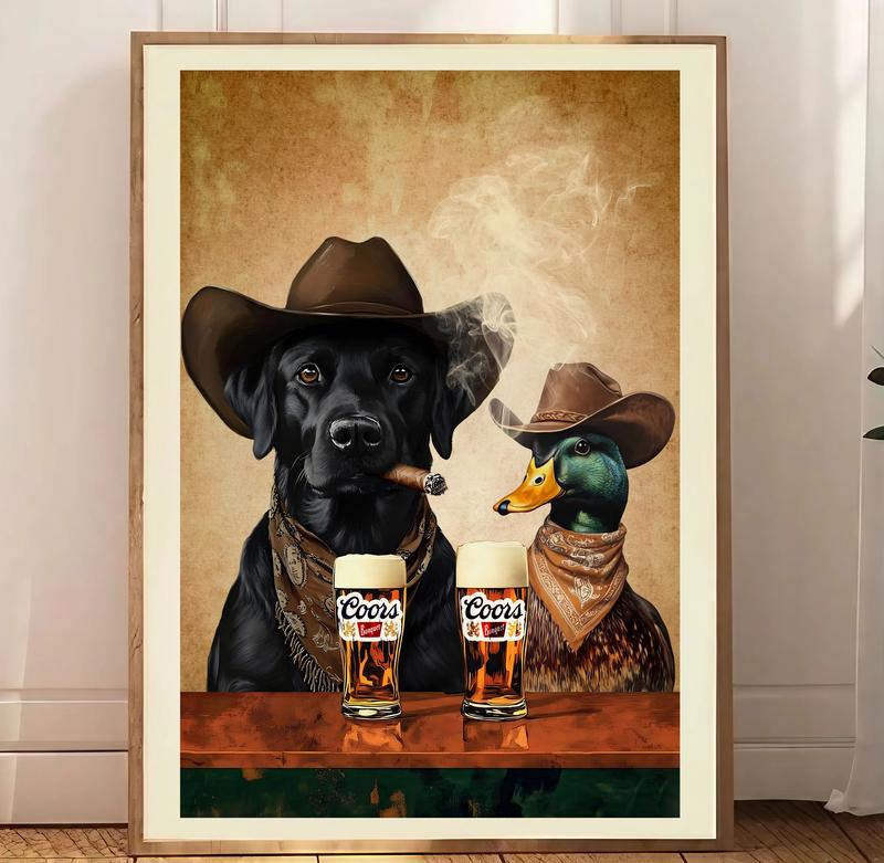 Dogs Cowboy light one up and chill Brew Print, Dogs Neutral Aesthetic Vintage Art, Funky Western Art Wall Art, Unique Gift for Men Dad frameless