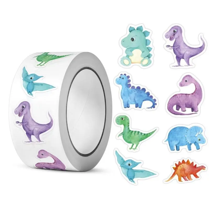 Cartoon Dinosaur Pattern Sticker (500pcs/roll), Self Adhesive Decor Sticker for Gift Greeting Card Water Bottle Laptop Phone Case