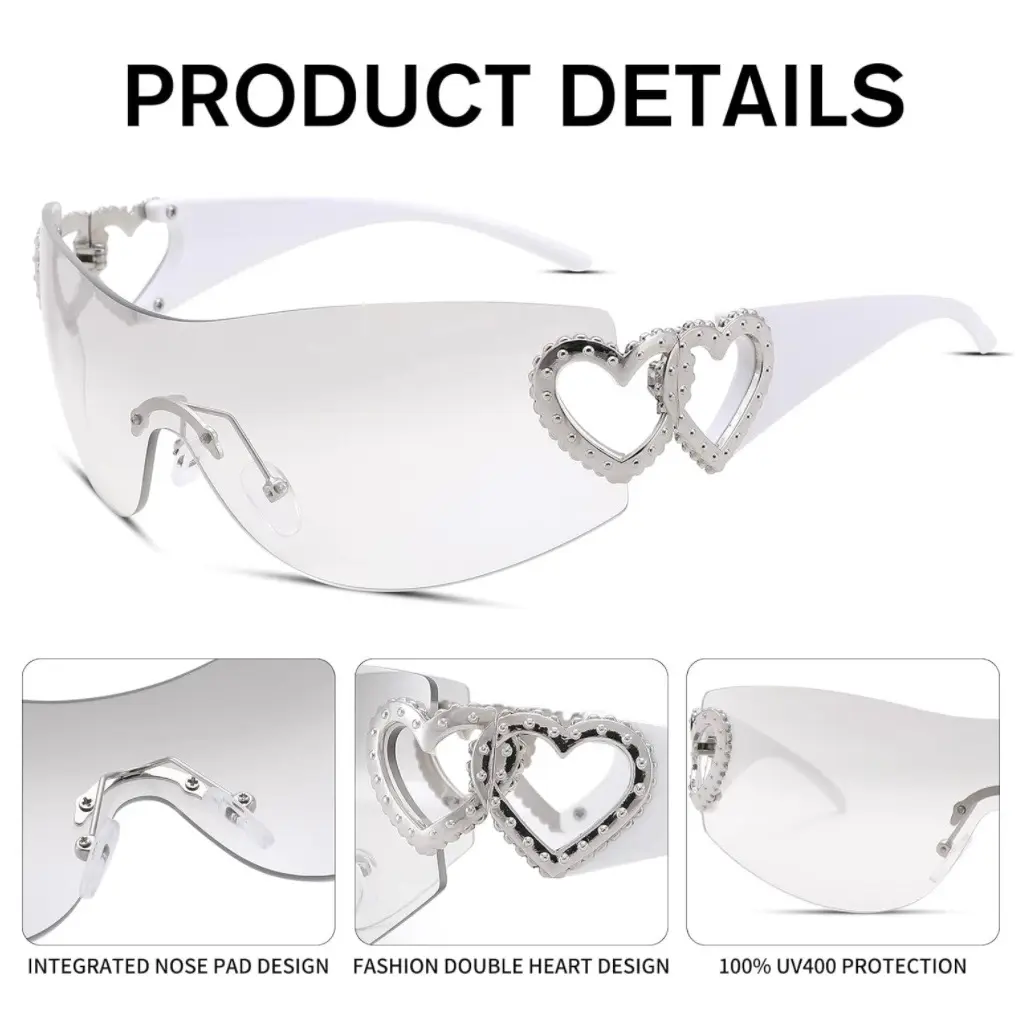 3 Pairs Rimless Y2K Heart Sunglasses for Women Men, Trendy  display picture 2