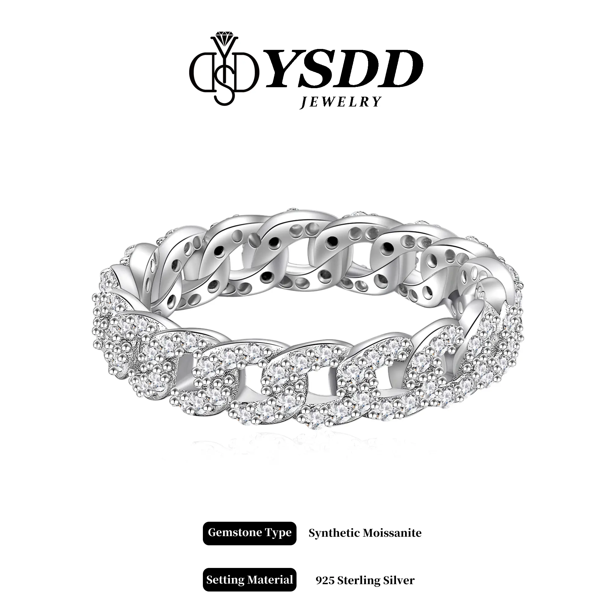 【#288 Cuban Band】Full Synthetic Moissanite Link Chain Ring Band in 925 Sterling Silver