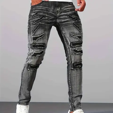 Men’s American street hip-hop layered patchwork denim jeans for spring—high-street style with a slim straight cut that blends design flair with wearability