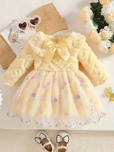 Winter bright yellow bow embroidered dress, delicate, cute and playful dress for baby girls, suitable for outdoor wear, baby girl dress, Baby Girl Clothes