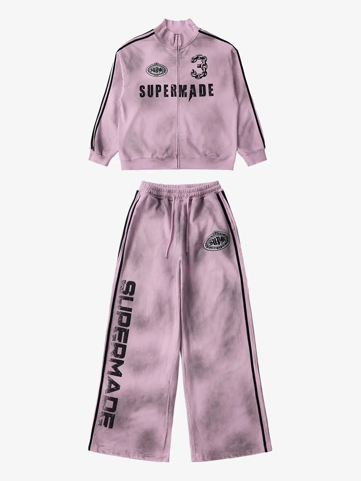 Thesupermade Vintage Distressed NO.3 Stand Collar Tracksuit | Oversized Striped Zip Jacket Sweatpants Set Men Women