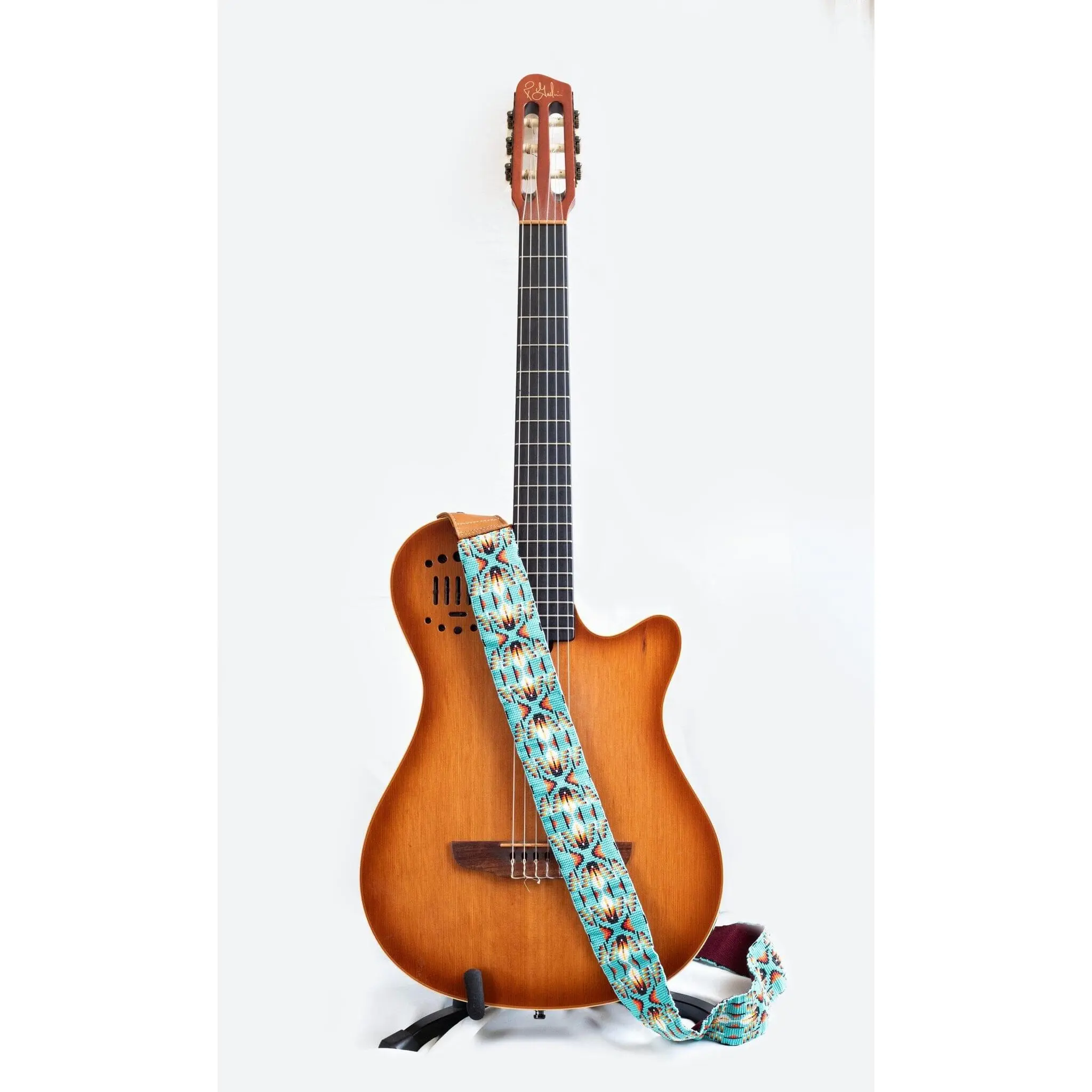 Eagle Feathers - Beaded Leather Guitar Strap with Native Feather Design - Handmade by Indigenous Artisans - Mother Sierra