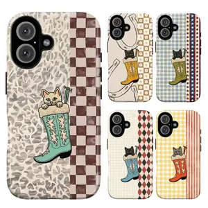 Cowboy Cat Phone Case – Cute Kitty in Boots Western Aesthetic Pattern, Vintage Plaid Checkerboard Country Style Cover for 11 12 13 14 15 16 17 Pro Max & Samsung Galaxy S21 S22 S23 S24, Funny Cat Lover Gift, Retro Farmcore Cottagecore Phone Case