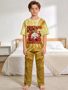 Cristiano Ronaldo Legendary Shining Moments 2-Piece Boys' Digital Printed Short-Sleeve Pajamas with Long Sleep Pants, Stylish, Trendy, Casual, Comfortable and Soft Pajama Set, Suitable for Boys' Sleep and Home Leisure, Perfect Gift for Boys