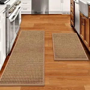 Kitchen Rugs and Mats Non Skid Washable Set of 2 count, Absorbent Runner Rugs for Kitchen, Farmhouse Weave Floor Mats in Front of Sink, 17.3"x 47"+17.3"x 29" (Brown)