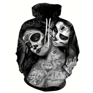 Gothic Style Masked Beauty And Man 3D Graphic Print Men's Novelty Long Sleeve Hooded Sweatshirt With Drawstring And Kangaroo Pocket, Fall Winter