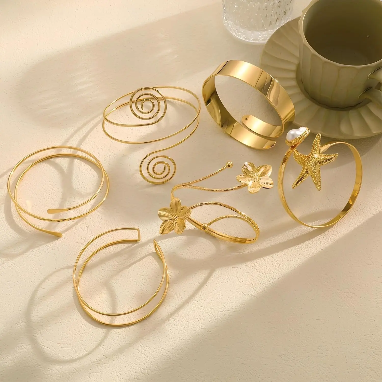 6Pcs Gold Arm Cuff Bracelet Set, Boho Style Adjustable Open Bangle Bands, Stackable Upper Arm Armlet with Swirl & Geometric Design, Elegant Statement Jewelry for Women, Fit for Daily Wear, Resort, Casual & Formal Occasions