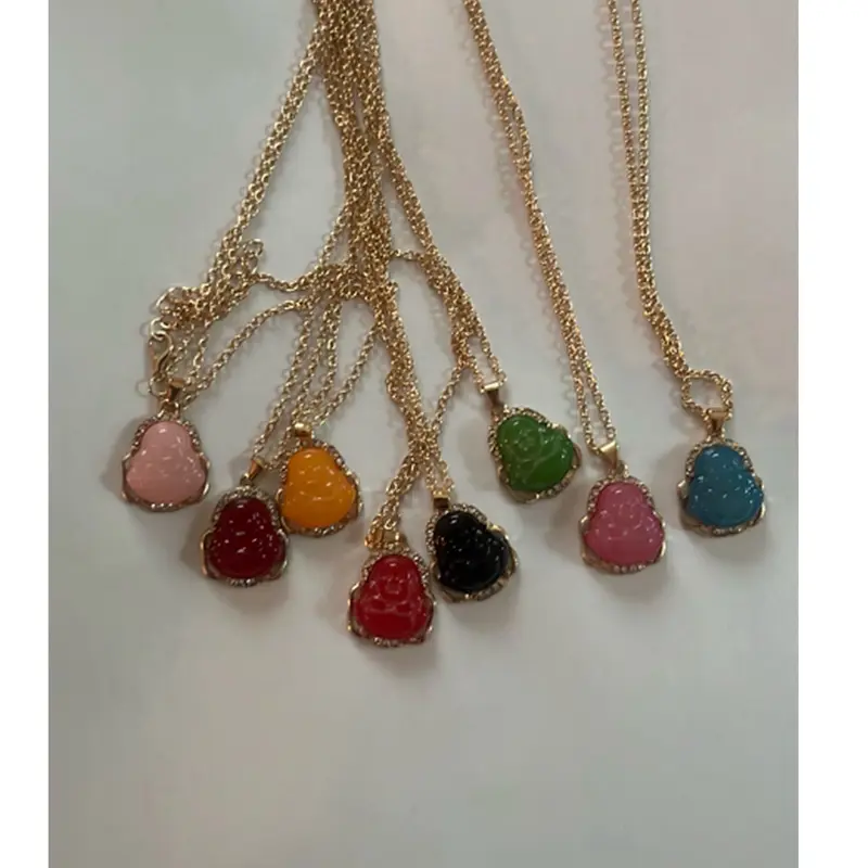 Buddha Necklace in Green Pink and White Crystal and Alloy Chain 17.9 Inches Long Pendant 0.9 x 0.86 Inches Total Weight 1.44 Ounces