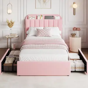 Twin Bed Frame with Storage Headboard, Girls Bed Frame with 2 Drawers, Boucle Upholstered Platform Bed with Bookcase, No Box Spring Needed, Easy Assembly, Pink