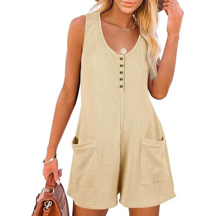 Imily Bela Rompers for Women Sleeveless Jumpsuits for Women Button Down Waffle Fabric Summer Vacation Outfits for Wome