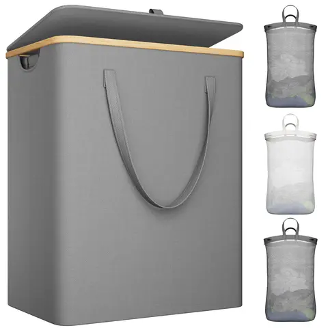 Raybee Furniture Sturdy Oxford Collapsible Storage Basket - 160L-170L Dirty Clothes Basket with Lid, 2/3 Compartments, Washable Liners, Pockets, 3 Removable Bags, 5 Mins Easy Assembly for Bedroom, Bathroom