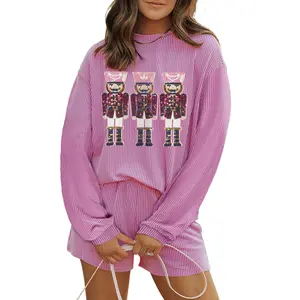 Women's Phalaenopsis Sequin Nutcracker Long Sleeve Corded Christmas Shorts Set