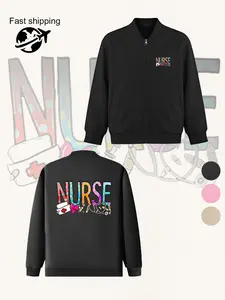 Women's Casual Fitted Jacket, Nurse Graphic Design, Baseball Collar, Zipper Closure, Pockets, All Seasons Wear, Sizes S to Xxl