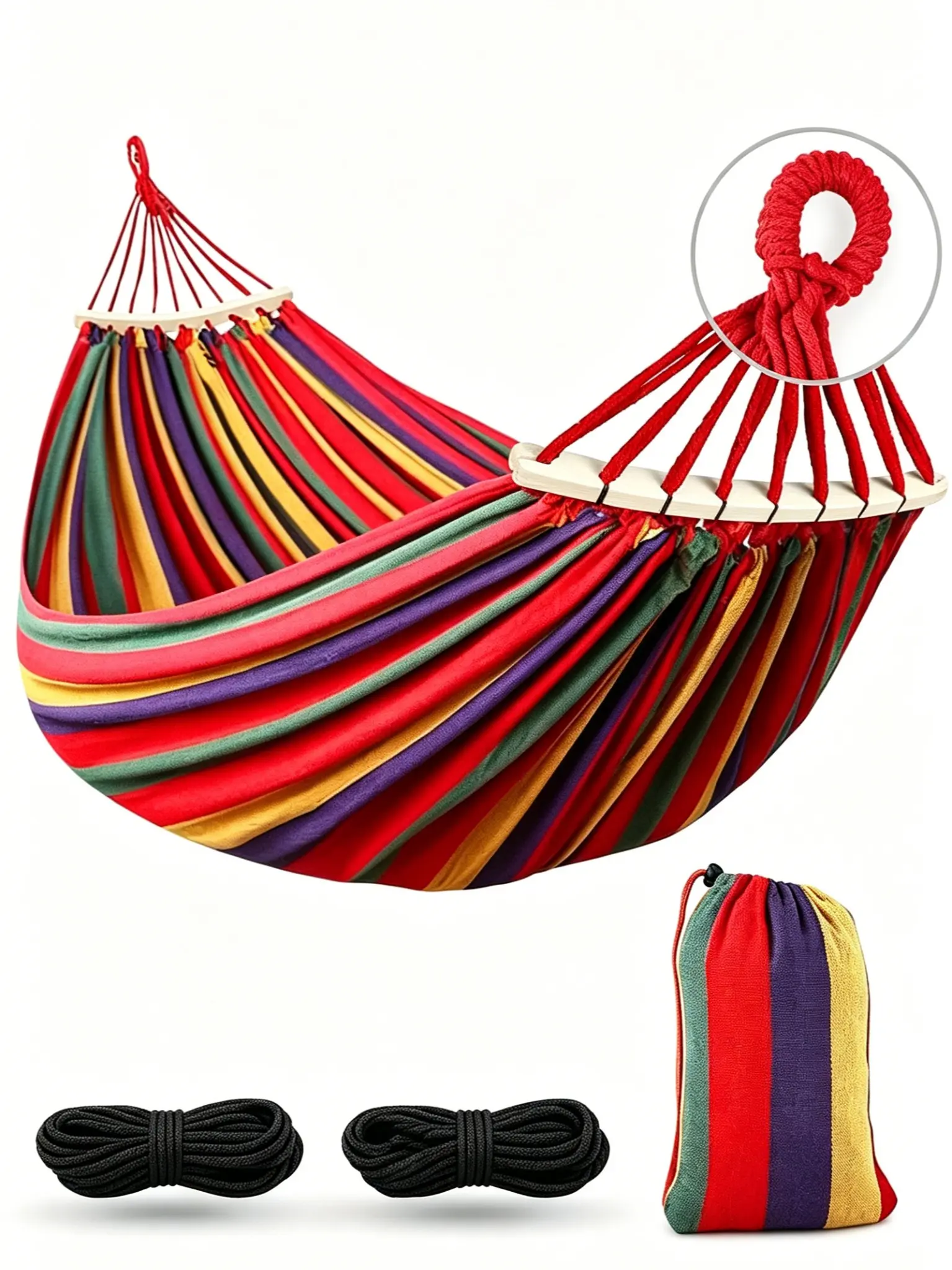 Portable Travel Hammock - 550lb Capacity 320G Thick Durable Canvas Single Hammock with 2 Anti-Rollover Balance Beams, 200cm Sturdy Metal-Knot Tree Straps & Carrying Bag, Travel Accessory for Camping Outdoor Use