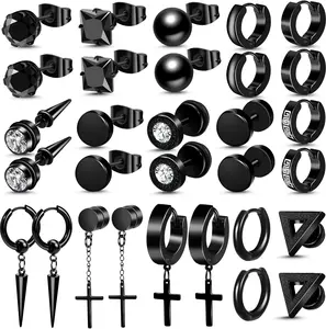 15 Pairs Black Earrings Set for Men and Women, Stainless Steel Stud Hoop Cross and Dangle Earrings, Hypoallergenic Piercing Jewelry for Daily Wear