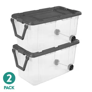 Sterilite 160 Quart Wheeled Stacker, Extra Large Durable Clear Bin, Latch Lid and Pull Handle, Gray, 2 Count