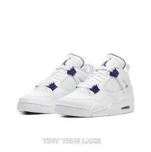 Retro Mid-Top Sneakers in White Leather with Mesh Panels, Metallic Purple Plastic Wing and Lace Locks, Featuring Visible Air Cushioning
