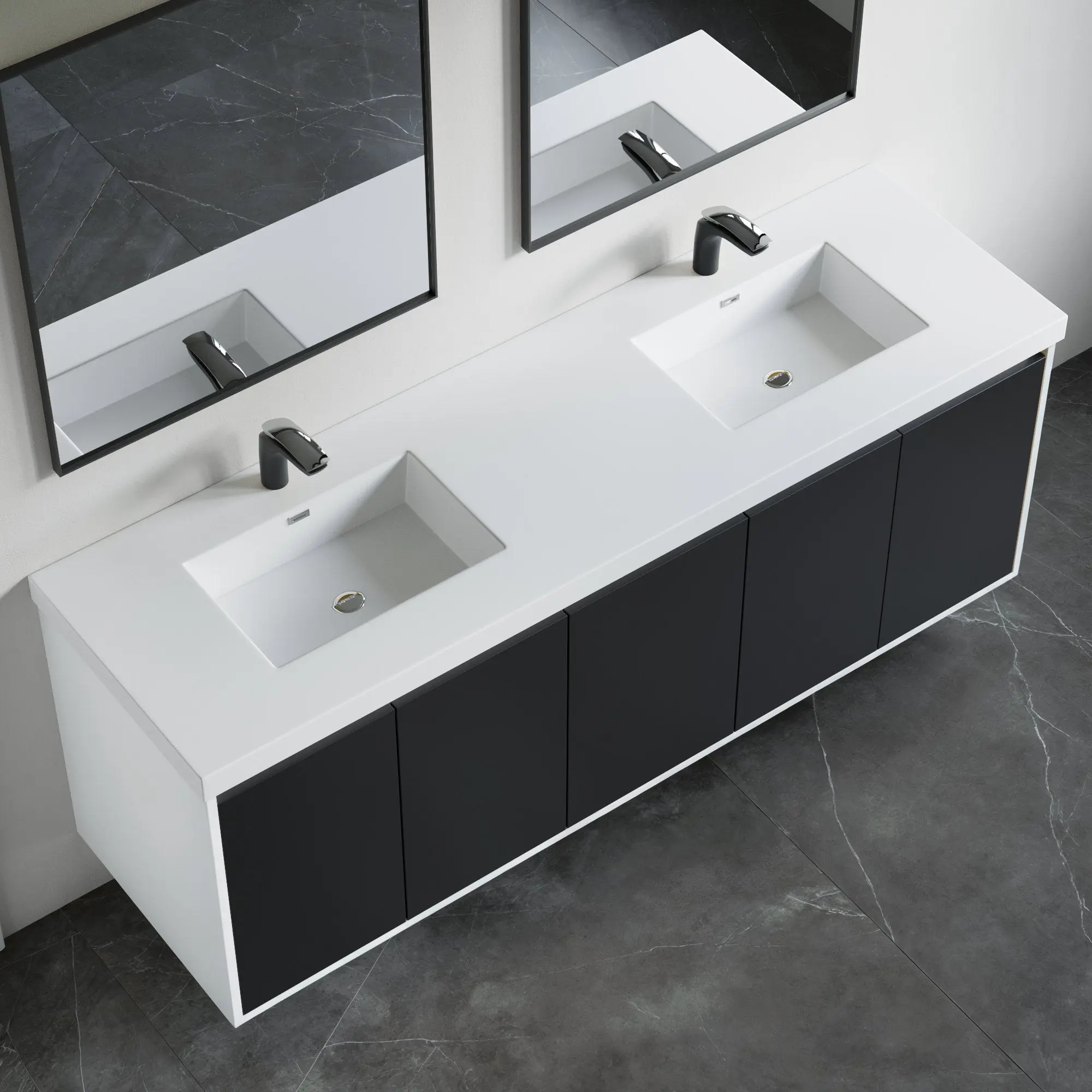 Dowell 72" Wall-Mounted or Freestanding Bathroom Vanity Set – White Assembled Vanity Base with 5 Soft-Close & White Resin Double Basin Sink- 057 72 Series