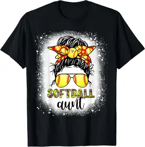 100%cotton Softball Aunt Messy Bun Leopard Bleached Softball Auntie T-Shirt Top Summer tshirt  business