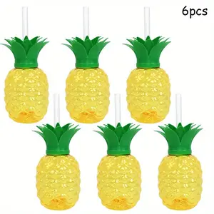 6pcs/set Plastic Pineapple Cups with Straws, Strawberry Cups for Hawaiian Luau Theme, Tropical Summer Beach Party Decor, Halloween & Christmas